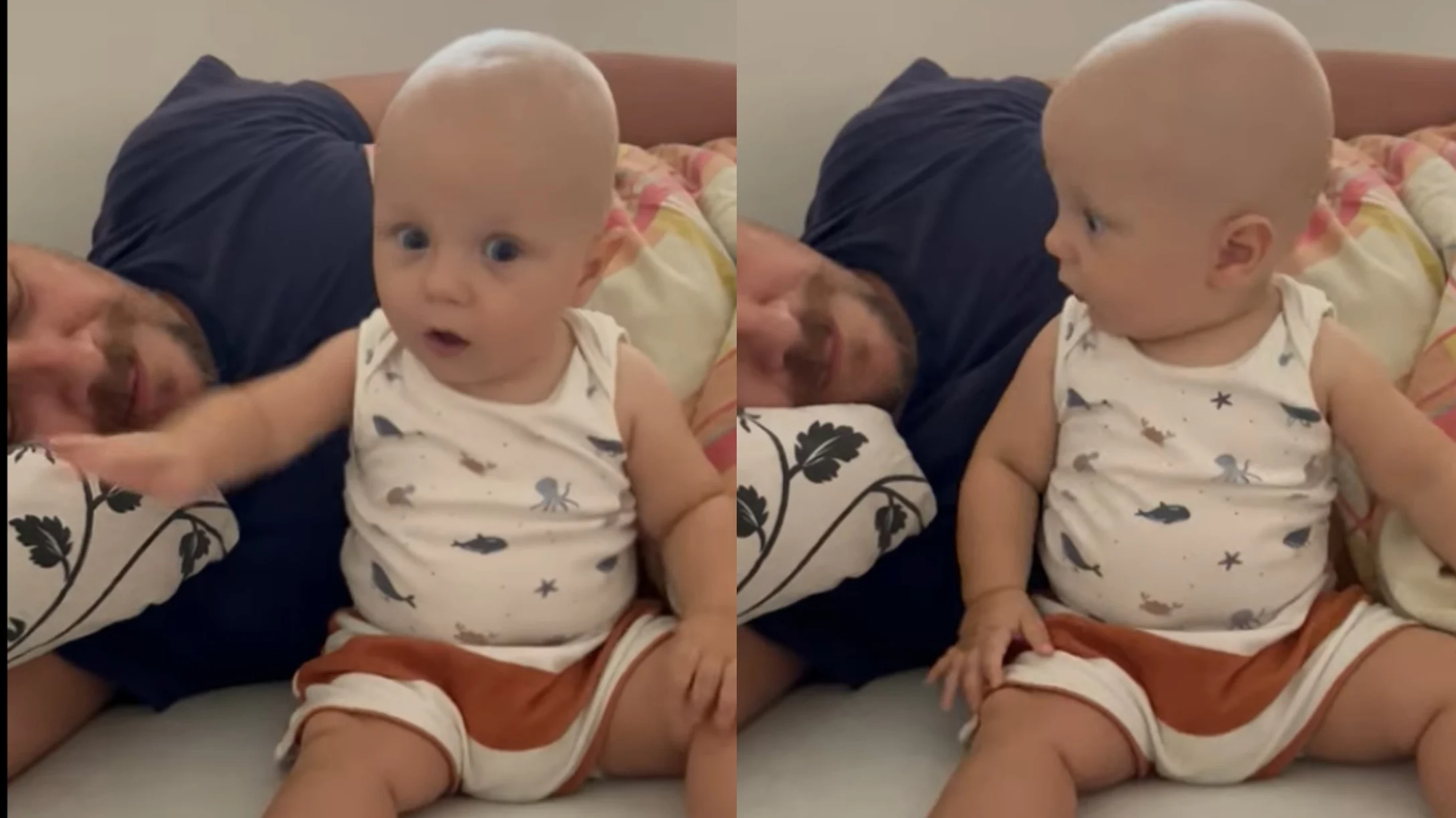 baby reacts to dad snoring